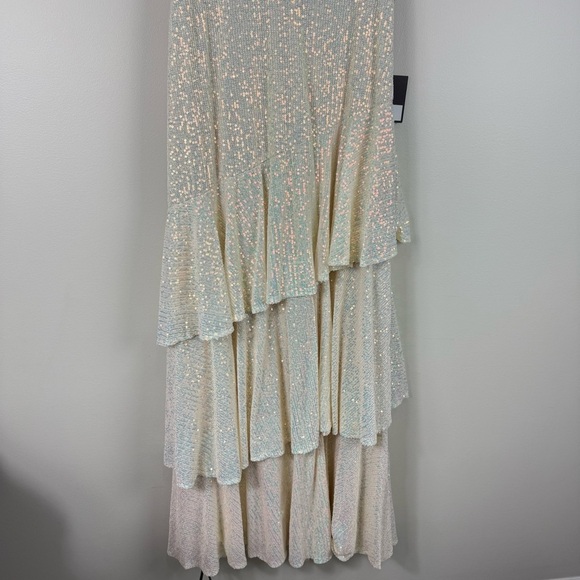 Mac Duggal‎ 27046 Sequin Asymmetrical Ruffle Tiered Gown Beige 8 Maxi Dress - Picture 5 of 9